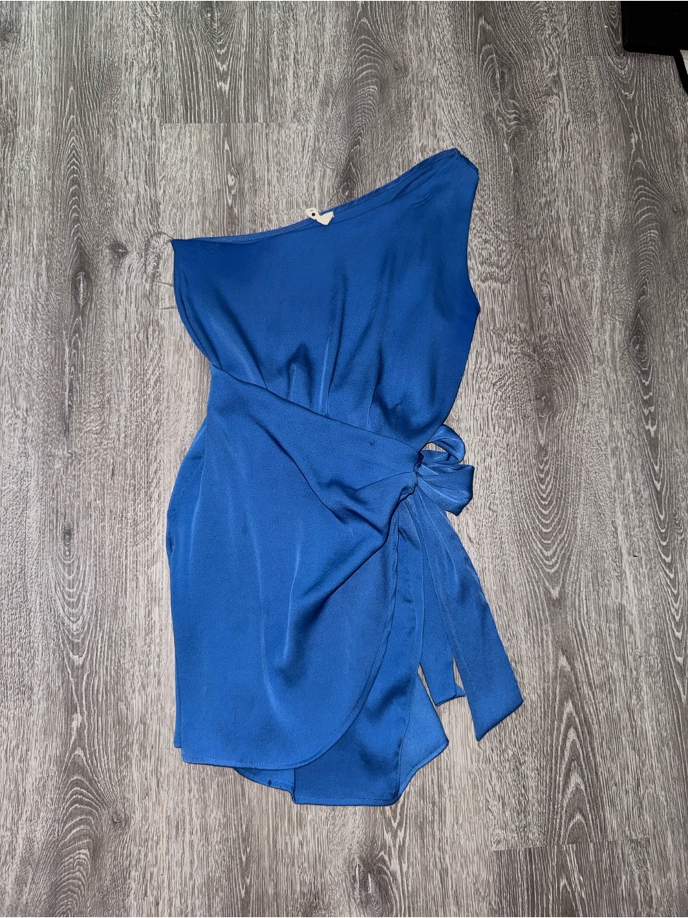 Tyche Boutique: Blue One-Shoulder Wrap Dress with Side Tie